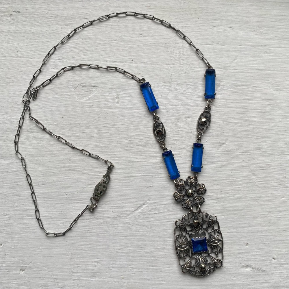 Antique Edwardian Silver Marcasite and blue glass necklace. Gorgeous!